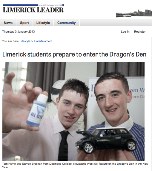 Limerick Leader article and photo of the Desmond College F-21D Transition Year Dragon Den Competitors Limerick Leader article and photo of the Desmond College F-21D Transition Year Dragon Den Competitors