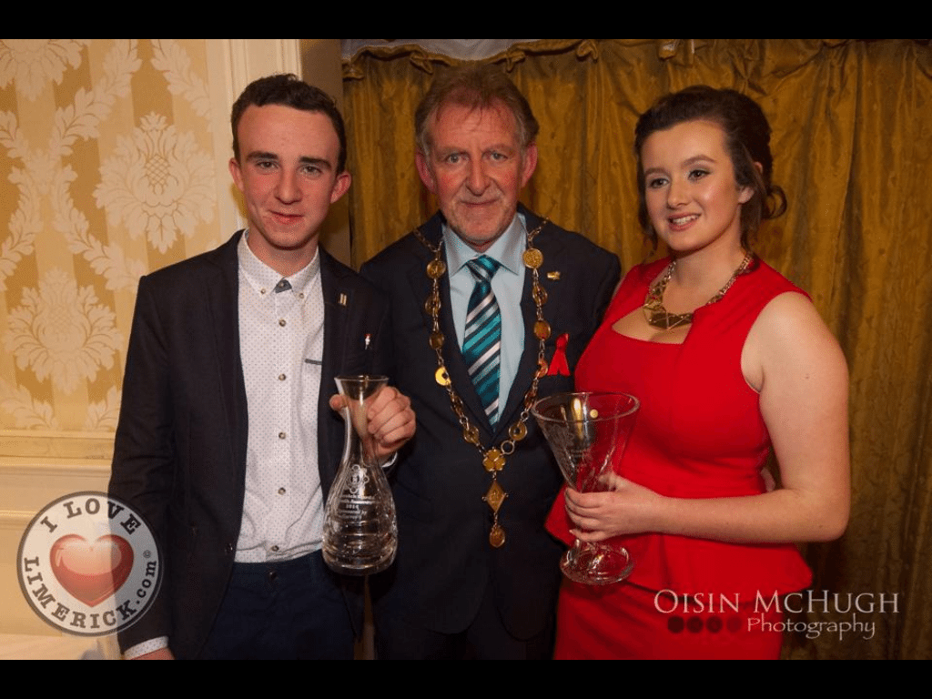 Patrick Kenneally and Emily Duffy from Desmond College at Garda Youth Awards in Woodlands Hotel 27 Nov 2014 with Mayor of Limerick Michael Sheahan
