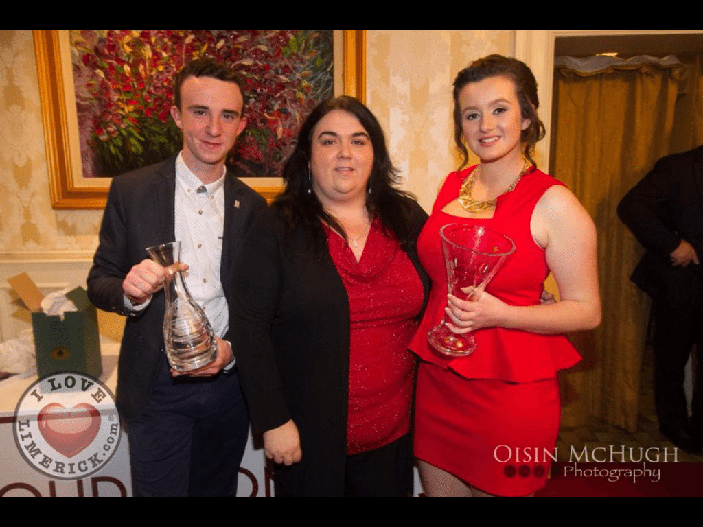 Patrick Kenneally and Emily Duffy from Desmond College at Garda Youth Awards in Woodlands Hotel 27 Nov 2014 with Year Head Ms Shirley Supple