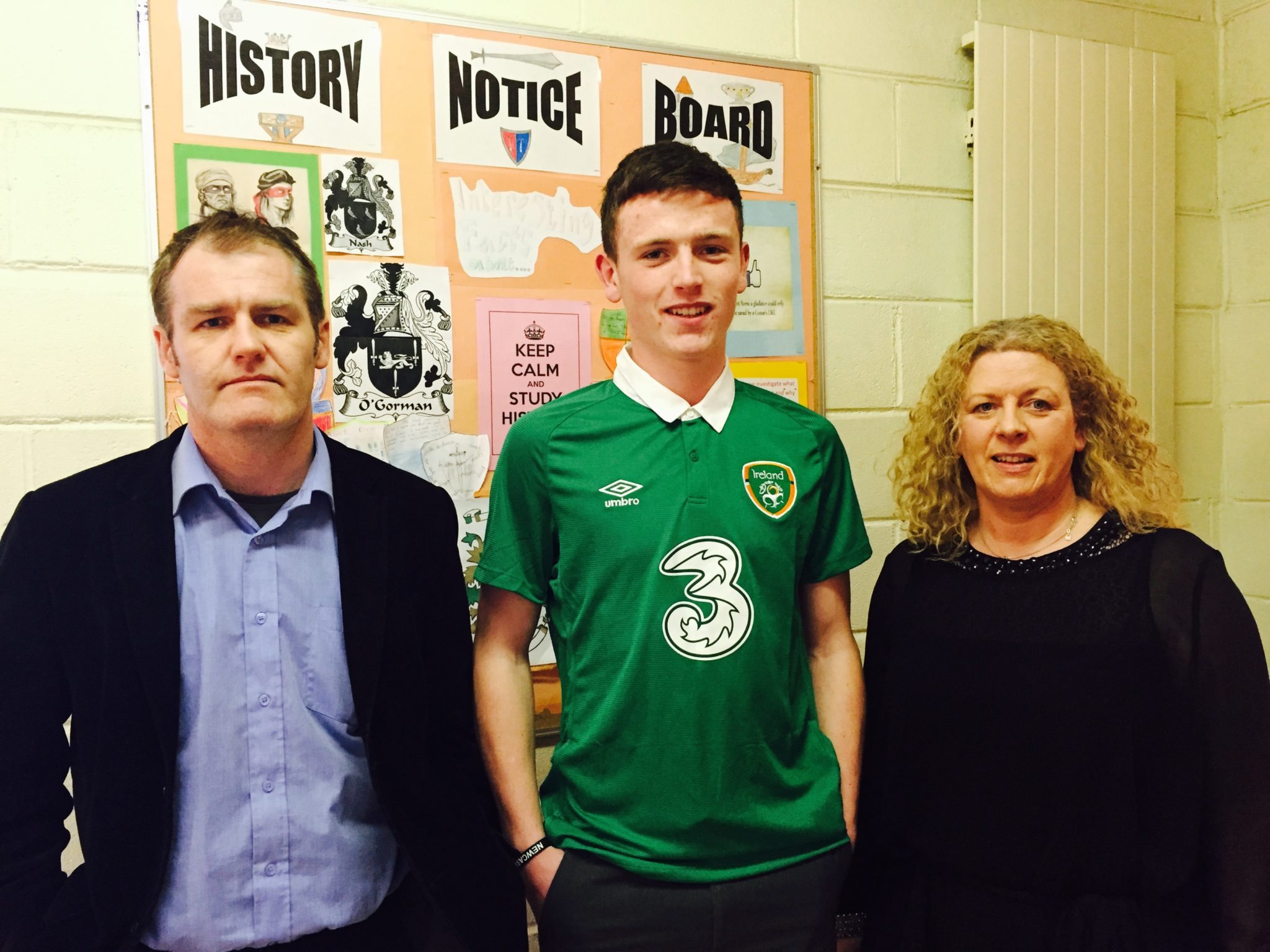 Soccer Coach Mr Casey, Killian Brouder and Principal Ms Gavin Barry