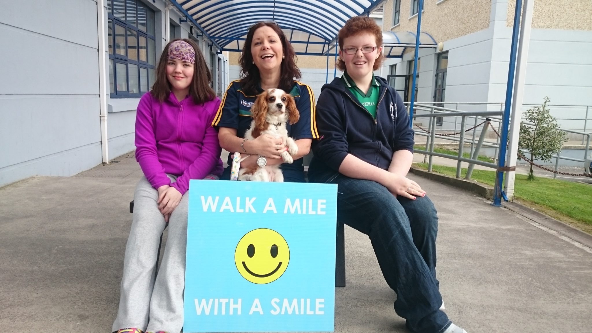 Aisling Walsh and Chloe O'Riordan walk a Mile with a Smile with Ms O'Connor and Special Guest, Zoe for Desmond College's Active Body Active Mind, Active Schools Week 2015